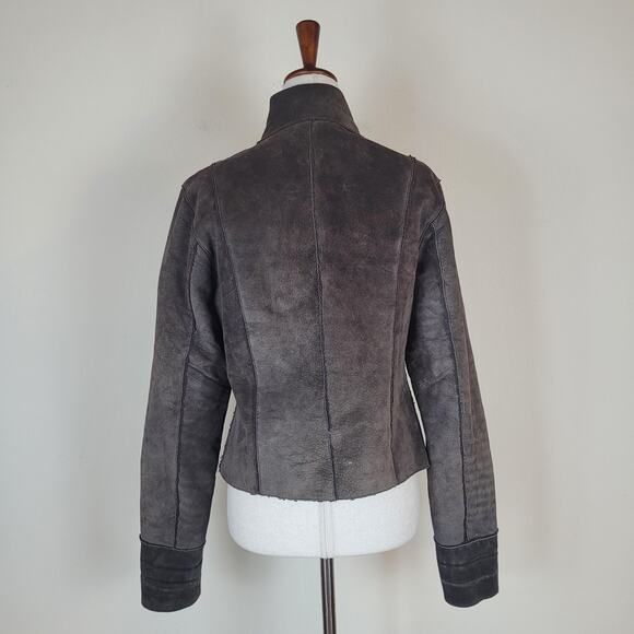 Express Jacket Women Small Brown Suede Leather Sherpa Lined Zip Stand Collar 90s - Picture 6 of 13